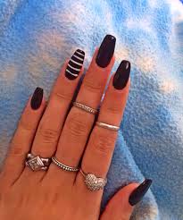 Acrylic Black And White Striped Nails Coffin Shape Dark Grey Black Long Nails With Accent Striped Nail Love Love Love Coffin Shape Nails Nails Coffin Nails Designs