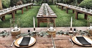 Rustic Parties In Orange County Rents Vintage And Rustic Style Farmhouse Tables Benches Chairs Bars Barrels High Rustic Party Farmhouse Table Rustic Style