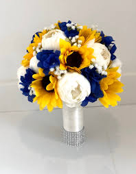 Need a custom floral order contact us at designteam@silkflowersbyjean.com let us know if you have any additional questions and when your event is scheduled. Excited To Share This Item From My Etsy Shop 12 Sunflower Bridal Bouquet Yellow And Royal Yellow Bridal Bouquets Sunflower Bridal Bouquet Bridal Sunflowers