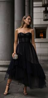 What To Wear To A Charity Gala Black Lace Tulle Bodice Style Flowy Midi Dress Black Strappy Ankle Wrap Heels E Fashion Black Tulle Dress Dress Accessories
