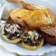 Chapon Farci Roti Fonds D Artichauts Et Champignons Artichauts Farcis Artichaut Farce Pour Chapon