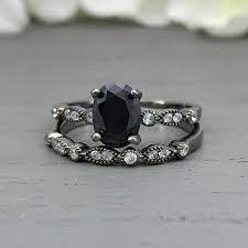 Art Deco Oval Black Onyx Black Rhodium Simulated Diamond Engagement Band Ring Set 4 Prong Vin Black Wedding Rings Silver Wedding Rings Diamond Engagement Band