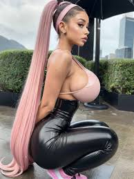 A woman with pink hair and black leather pants squatting on a sidewalk -  SeaArt AI