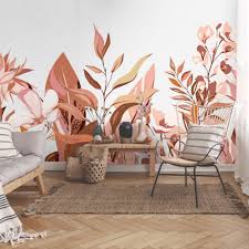 Colors used with orange in this room: Exotic Garden Mural In Burnt Orange Pink I Love Wallpaper