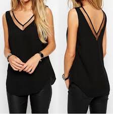 Stylish V Neck Sleeveless Spliced See Through Women S Tank Top Fashion Chiffon Tops Style