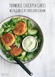 Turmeric Chickpea Cakes With Garlicky Avocado Cream Vegangf Plat Vegan Rapide Plat Vegan Vegan Rapide