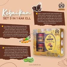 Set ni terdiri daripada sabun cengkih + madu, krim malam 1, krim malam 2 dan krim siang Kak Ell Skincare 3 In 1