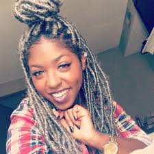 Black And Platinum Blonde Faux Locs Black Hair Grey Faux Locs Dark Skin Grey Fauxlocs Darkskin Grey Hair Don T Care Faux Hair Curly Hair Styles Naturally