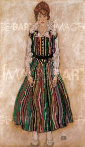 Schiele, his wife, and unborn child were all taken by the spanish. Portrait Of The Artist S Wife Standing Edith Schiele In Striped Dress