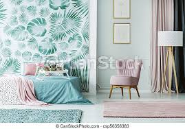 Tree wallpaper mural tree wall murals kids room wallpaper home wallpaper pink wallpaper forest wallpaper bedroom wallpaper. Pink And Green Feminine Interior Pink Armchair In Pastel Bedroom Interior With Green Bed In Feminine Bedroom Interior With Canstock