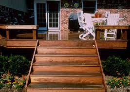 Attach deck stair treads with the cup facing down to prevent the steps from holding water or acting as a tripping hazard. Bim Wood Project Detail Woodworking Plans Deck Steps