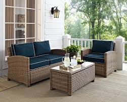 Navy And Brown Wicker Patio Furniture Loveseat Arm Chair And Table Bradenton In 2020 Outdoor Wicker Seating Brown Wicker Patio Furniture Outdoor Furniture