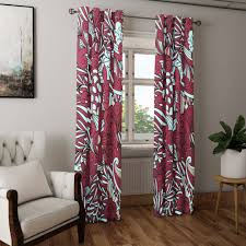 Burgundy And Teal Modern Floral Pattern Window Curtains Long Etsy Window Curtain Designs White Paneling Block Out Curtains