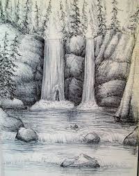 Realistic drawings of nature is a common motif that holds a lot of value to your audience. Forest Drawing Waterfall By Georges St Pierre Landscape Drawings Waterfall Drawing Landscape Pencil Drawings