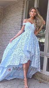 High Low Light Sky Blue Lace Party Dress Off Shoulder Gorgeous Long Evening Dress 2019 Pretty Dresses For Teens Blue Lace Prom Dress High Low Prom Dresses