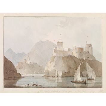 East View of The Forts Jellali & Merani, Muscat Painting | Vintage fort drawing, Arabia castle,