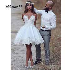 Best short wedding dresses of 2021: Romantic Short Wedding Dress 2020 A Line Stain Lace Appliques Summer Sleeveless Wedding Gown White Ivory Party Bride Dresses Wedding Dresses Aliexpress