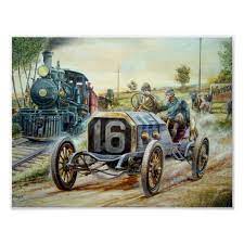 Vintage Cars Racing Scene Train Painting Poster Zazzle Com Automotive Art Car Painting Classic Cars Vintage