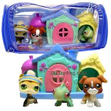 Year 2005 Littlest Pet Shop Lps Winter Vinyl Duffle Bag Series Bobble Head Figure Set With Siamese Cat Boxer Puppy Dog And Iguana With Pet House Little Pets Littlest Pet Shop