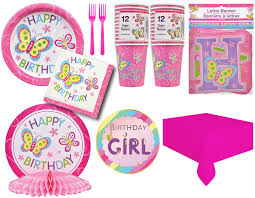 What a perfect offsetting color compared to the warm colors of the butterfly birthday party. Disposable Dinnerware Set Happy Birthday Butterfly Theme Party Pack Pink Birthday Decorations For Girls Girl Party Plates And Napkins Sets Serves 16 Buy Online In Bosnia And Herzegovina At Bosnia Desertcart Com Productid