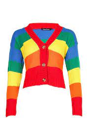 Wollweiß, schlamm, fuchsia, weinrot, jeans hell, jeans dunkel, acqua, jade. Cardigan Mit Streifen In Regenbogenfarben Boohoo