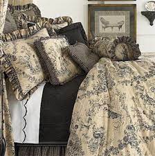 Only 2 available and it's in 5 people's carts. 5p Full Tan Black Toile Enchanted Pictorial Comforter Set Accent Pillow New Toile Bedding Black Toile Bed