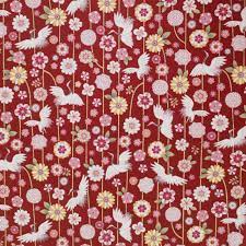 Cotton, bronzing printing, japanese style, a bit crisp, medium weight, 180g/yard * width 55 inch (140cm), listed for 18x55 (45cm x 140cm). Japanese Dark Red Cotton Fabric With Cranes And Flowers