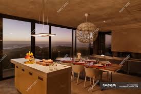 Find a great collection of recessed lighting & ceiling light fixtures at costco. Breakfast Bar And Dining Table In Modern Kitchen Overlooking Ocean At Dusk Chandelier Dining Room Stock Photo 199872034