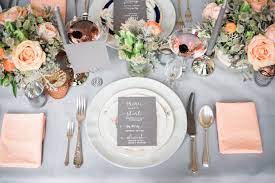 Stunning Peach Copper Silver And Grey Wedding Tablescape Design By Kimberley Rose Designs Grey Wedding Decor Copper Wedding Decor Peach Wedding Decorations