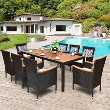 Indulge in this fabulous habit as often as you wish with stylish outdoor dining furniture and sets from the roomplace. Amazon Com Tangkula 9 Piece Outdoor Dining Set Garden Patio Wicker Set W Cushions Patio Wicker Furniture Set With Acacia Wood Table And Stackable Armrest Chairs Garden Outdoor