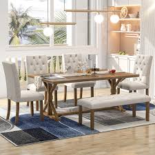 6 Pc Walnut Solid Wood Farmhouse Dining