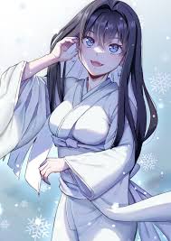 rei k 79, yuki-onna (kyokou suiri), kyokou suiri, 1girl, black hair,  breasts, colored inner hair, crossed bangs, earrings, fangs, hair intakes,  japanese clothes, jewelry, kimono, long hair, looking up, medium breasts,  multicolored