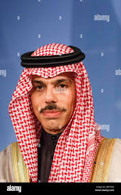 21 February 2020, Berlin: Prince Faisal bin Farhan Al Saud, Foreign  Minister of Saudi Arabia, attends a press conference at the Federal Foreign  Office. Photo: Carsten Koall/dpa Stock Photo