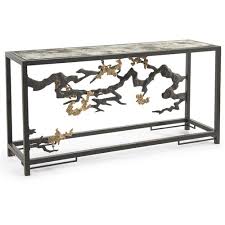 Demilune design makes this an ideal entry or hall t. John Richard Sculpted Global Bazaar Glass Top Black Metal Console Table Long 53 75 W Kathy Kuo Home