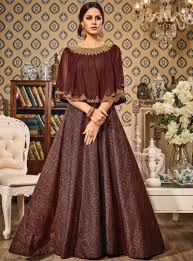 Buy Brown Silk Floor Length Anarkali Suit With Cape 89055 Online At Lowest Price From Vast Collection At M Indian Gowns Dresses Party Wear Frocks Indian Gowns