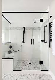 White Walk In Shower With Black Fixtures In 2020 Master Bathroom Shower Shower Remodel Bathroom Remodel Master