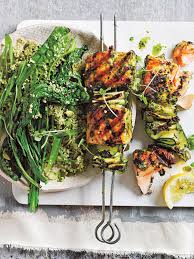 Grilled lamb skewers with couscous tabbouleh. Pesto Salmon Skewers With Green Couscous Salad Donna Hay
