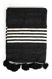 Black And White Striped Blanket B W Wool Pom Pom Blanket Pom Pom Blanket Blanket Black Moroccan Blankets