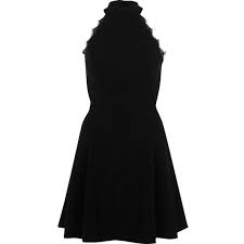 River Island Black Lace Trim High Neck Skater Dress 120 Liked On Polyvore Featuring Dresses Dresses Skater Skirt Dress Braided Dress High Neckline Dress