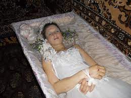 Their faces were too small. Russian Woman In Her Open Casket During Her Funeral Dead Bride Post Mortem Pictures Funeral