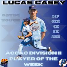 Sophomore Lucas Casey @_lucasey_ (Canyon del Oro HS) pitched a 5-inning  shutout last week at GateWay CC and was named ACCAC DIVISION II PITCHER OF  THE WEEK. He is 4-2 in 8