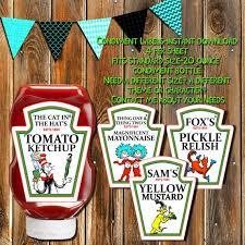 Dr Seuss Ketchup Labels Dr Seuss Condiment Labels Thing 1 Thing 2 Sam Fox Cat In The Hat Ketchup L Dr Seuss Birthday Party Party Labels Pirate Birthday Party