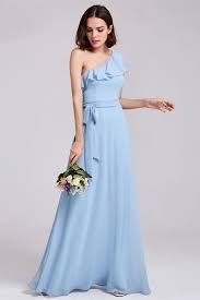 Elegant One Shoulder Ruffle Light Blue Chiffon A Line Prom Bridesmaid Dress With Sash Ruffles Bridesmaid Dresses One Shoulder Bridesmaid Dresses Powder Blue Bridesmaid Dress