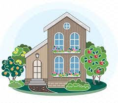 Houses And Fruit Garden Vector Set Cartoon House Summer Landscape House Illustration