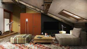 Idea Per Come Arredare Una Mansarda Con Tavolino Rettangolare Grigio Puff E Armadio Ristrutturazione Mansarda Rimodellare La Soffitta Appartamento Attico