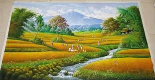 Lukisan menceritakan kegembiraan petani menuai hasil kerja dan jerih payah mereka. Lukisan Pemandangan Sawah Padi Di Kampung