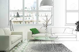 Your interior design stock images are ready. Interior Design Living Room Drawing Gradation Into Photograph Stock Photo Picture And Royalty Free Image Image 102160333