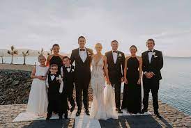 Real Wedding Jess Jake Bridal Party Classic Black And White Attire Destination Wedding Airlie Beach Australia White Wedding Wedding Real Weddings