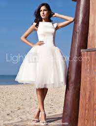 84 99 A Line Wedding Dresses Bateau Neck Knee Length Satin Tulle Cap Sleeve Simple Casual Vintage Plus Size Cute With Draping 2020 Beach Destination Knee Length Wedding Dress Ball Gowns