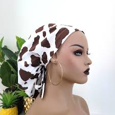 Pretty Brown Cow Print, Satin Lined Ponytail Scrub Hat, Protect Hair  W/satin Lined Scrub Cap, Buttons Option, Size Option, Nurse Hat